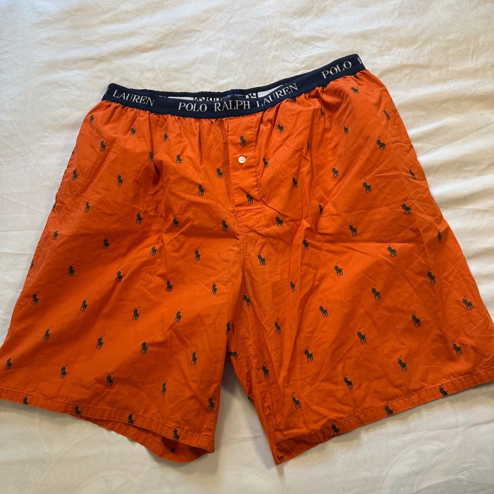 Polo Ralph Lauren Mens Orange Navy Pony Logo Cotton Sleep Lounge Shorts Large